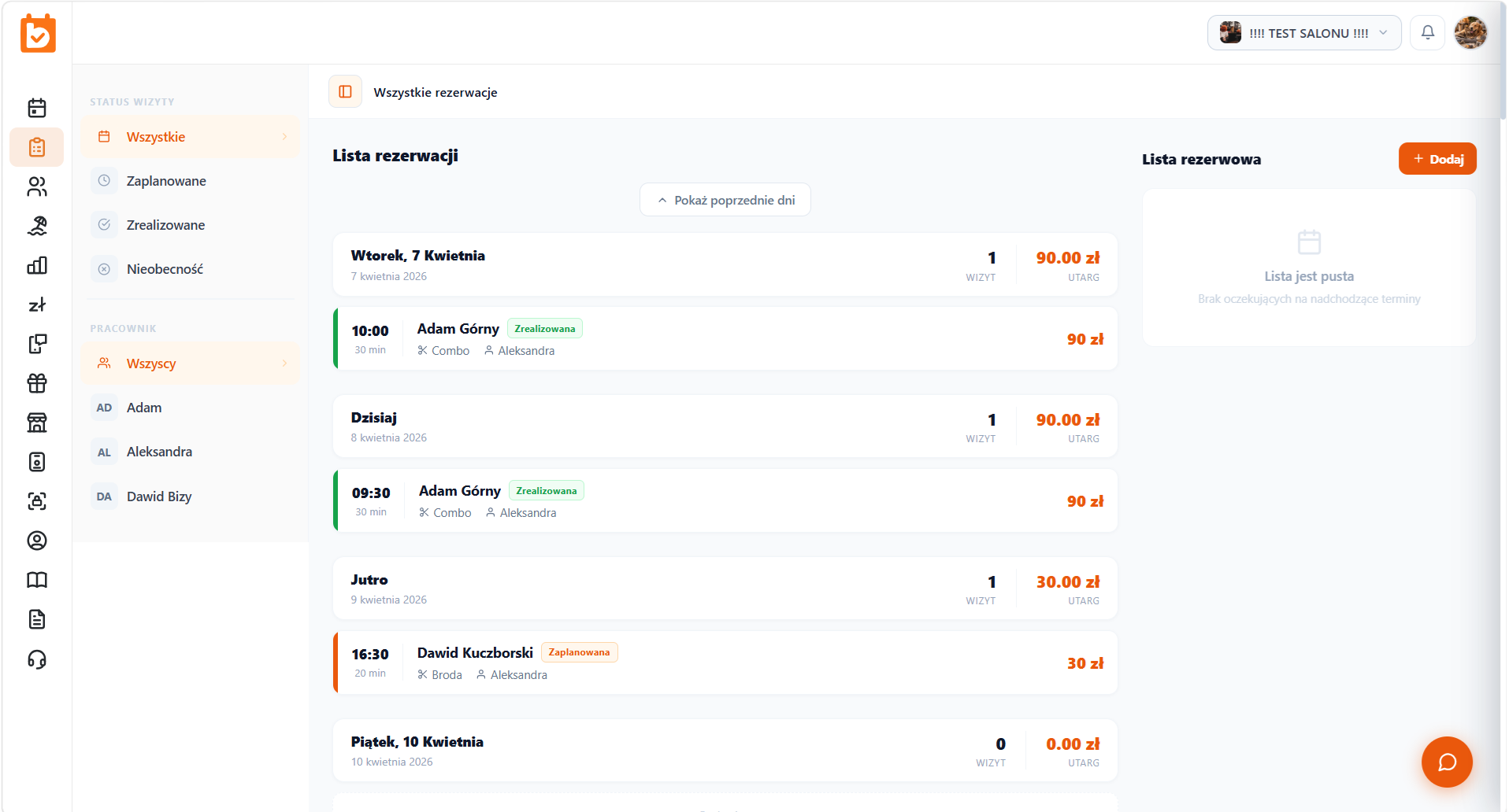 Panel bizy.pl na komputerze - lista rezerwacji