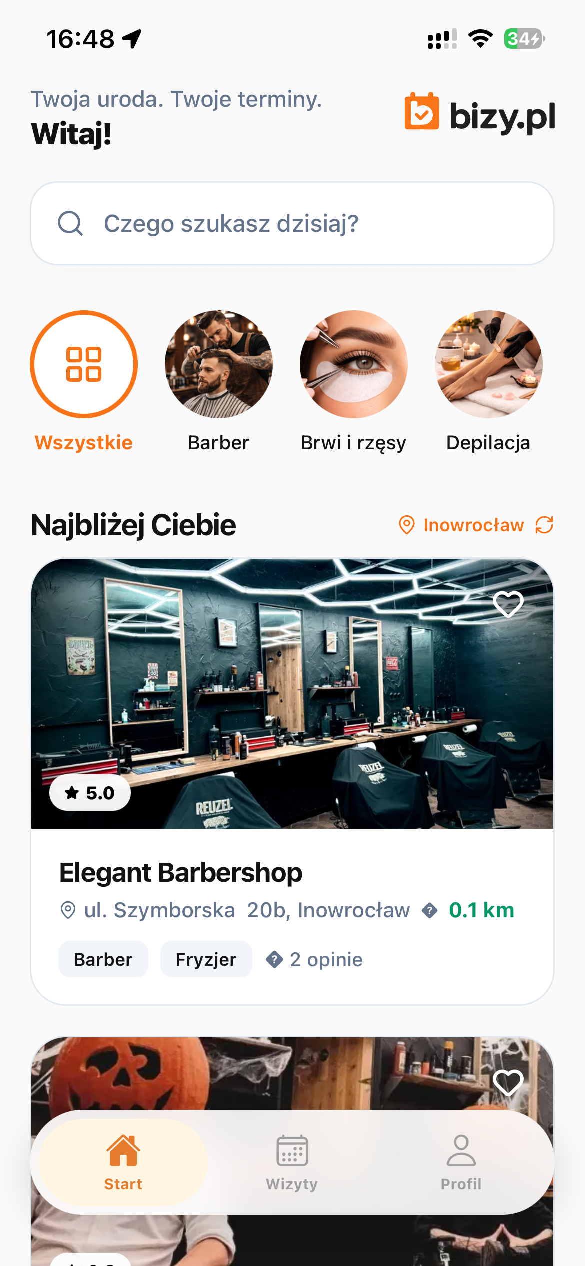 Aplikacja bizy.pl - ekran główny z listą salonów